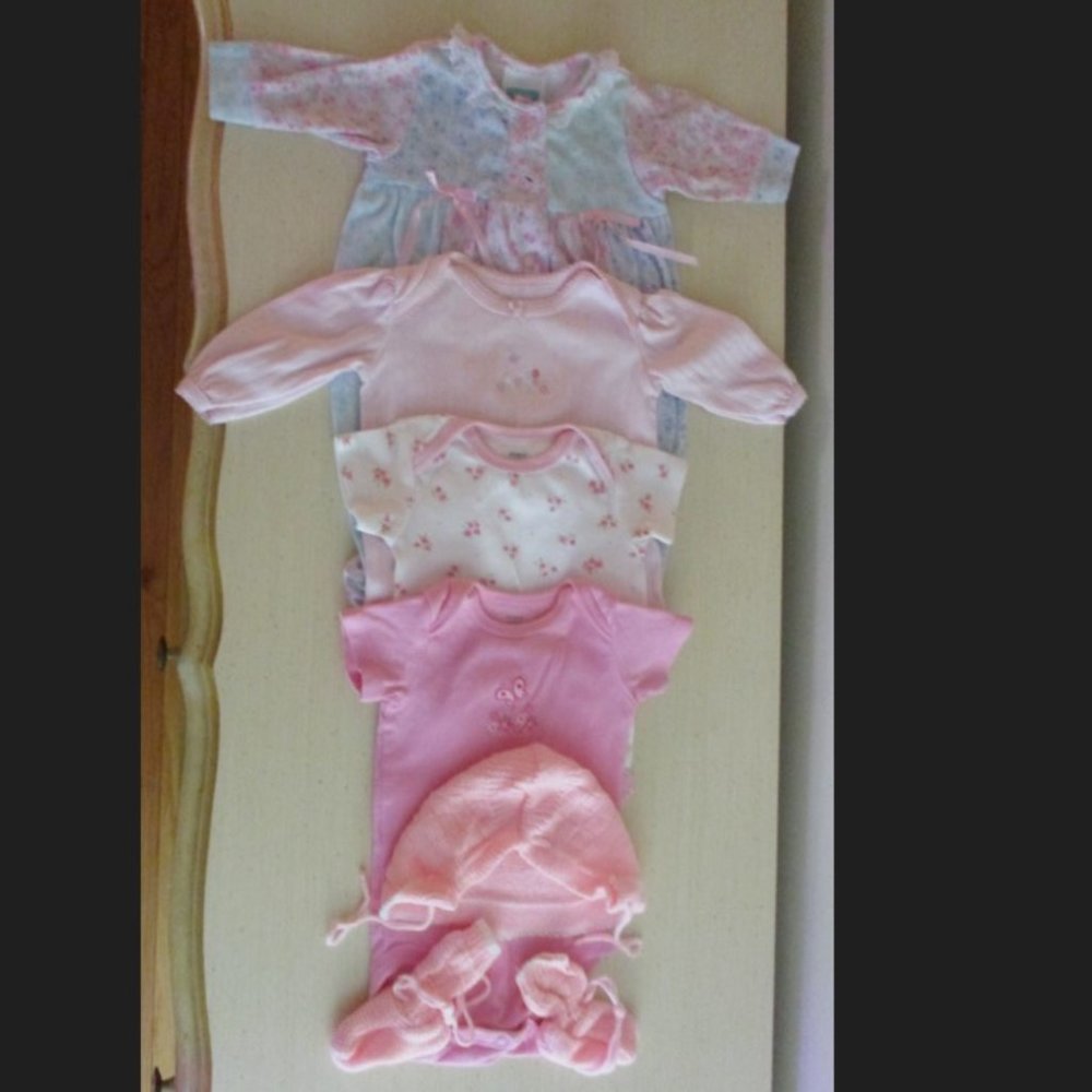 Bundle of Newborn Girls Clothes - 3 Onesies, PJs, Hat and Booties